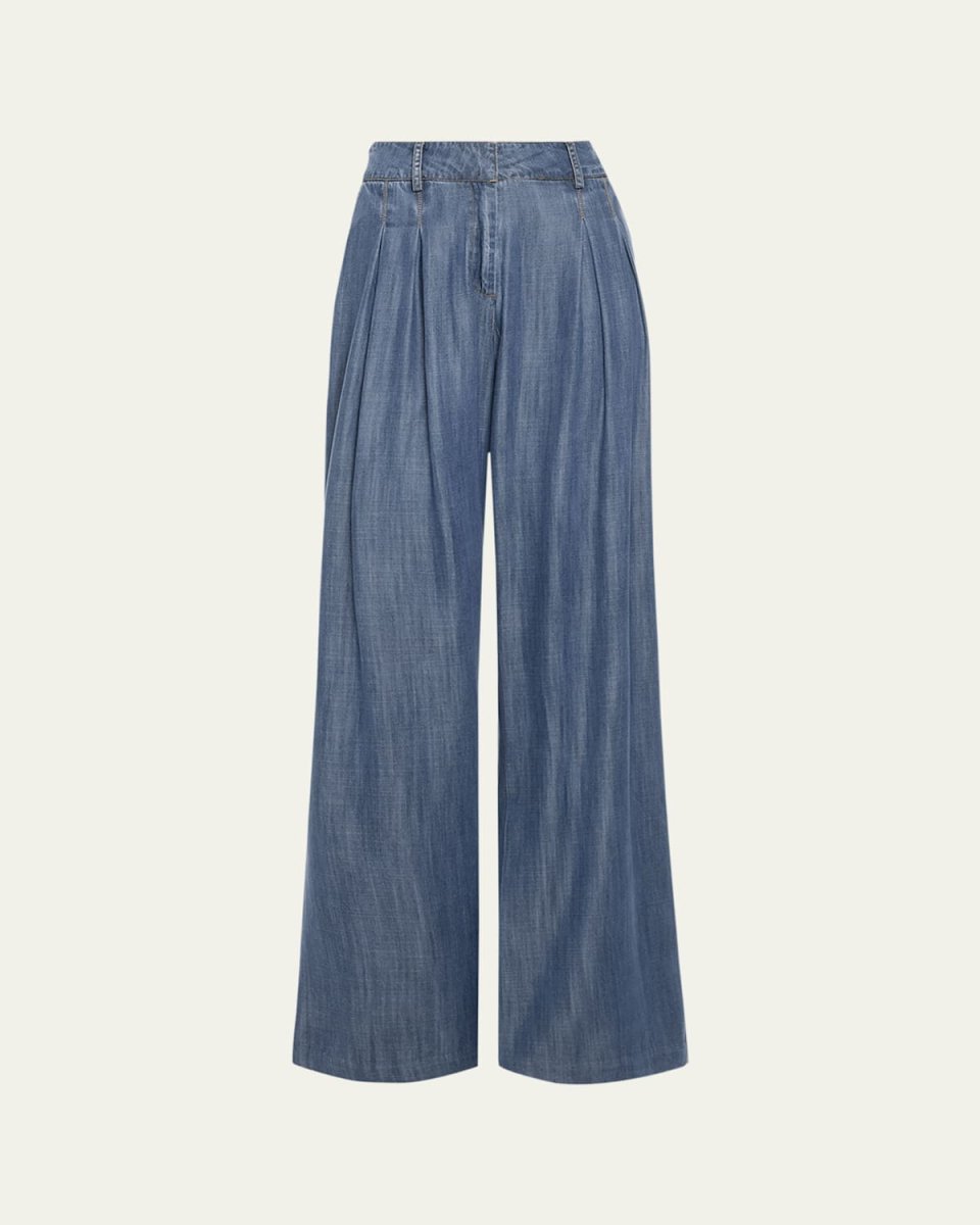 Chambray Pleated Chambray Wide-Leg Trousers